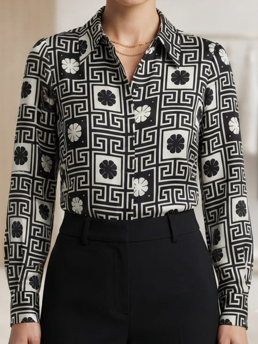 printed satin  formal black shirt